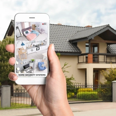 Charlotte vivint phone display of cctv live feed in front of a house